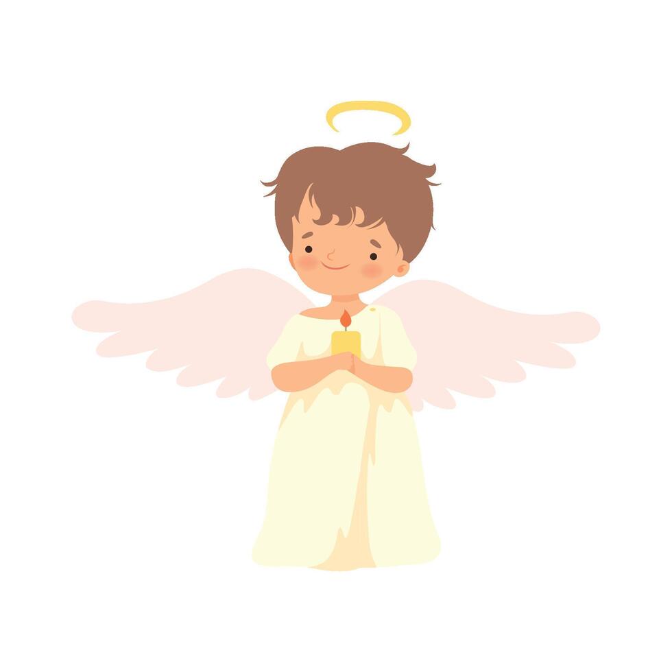 Cute Boy Angel with Nimbus and Wings Standing with Burning Candle, Lovely Baby Cartoon Character in Cupid or Cherub Costume Illustration vector