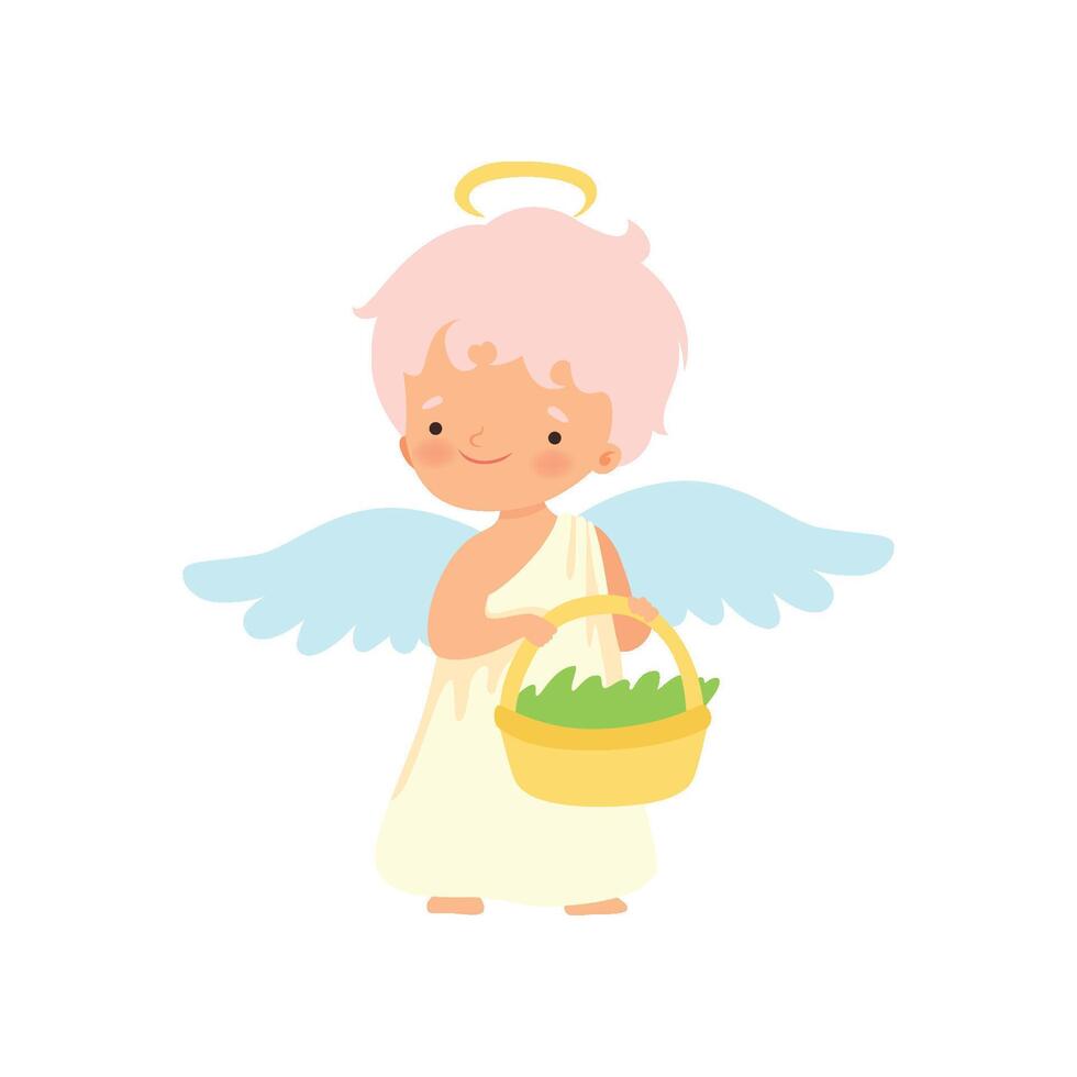 Cute Boy Angel with Nimbus and Wings Holding Wicker Basket, Lovely Baby Cartoon Character in Cupid or Cherub Costume Illustration vector