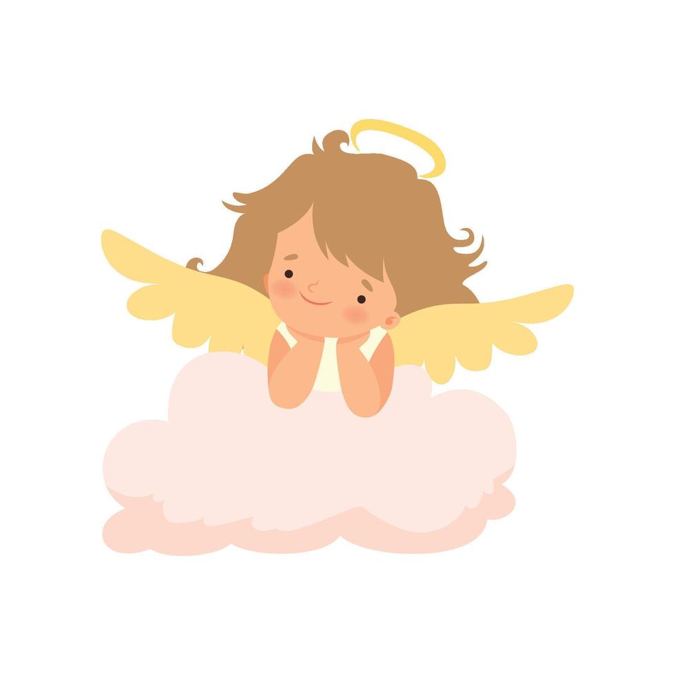 Adorable Girl Angel with Nimbus and Wings, Cute Baby Cartoon Character in Cupid or Cherub Costume Illustration vector