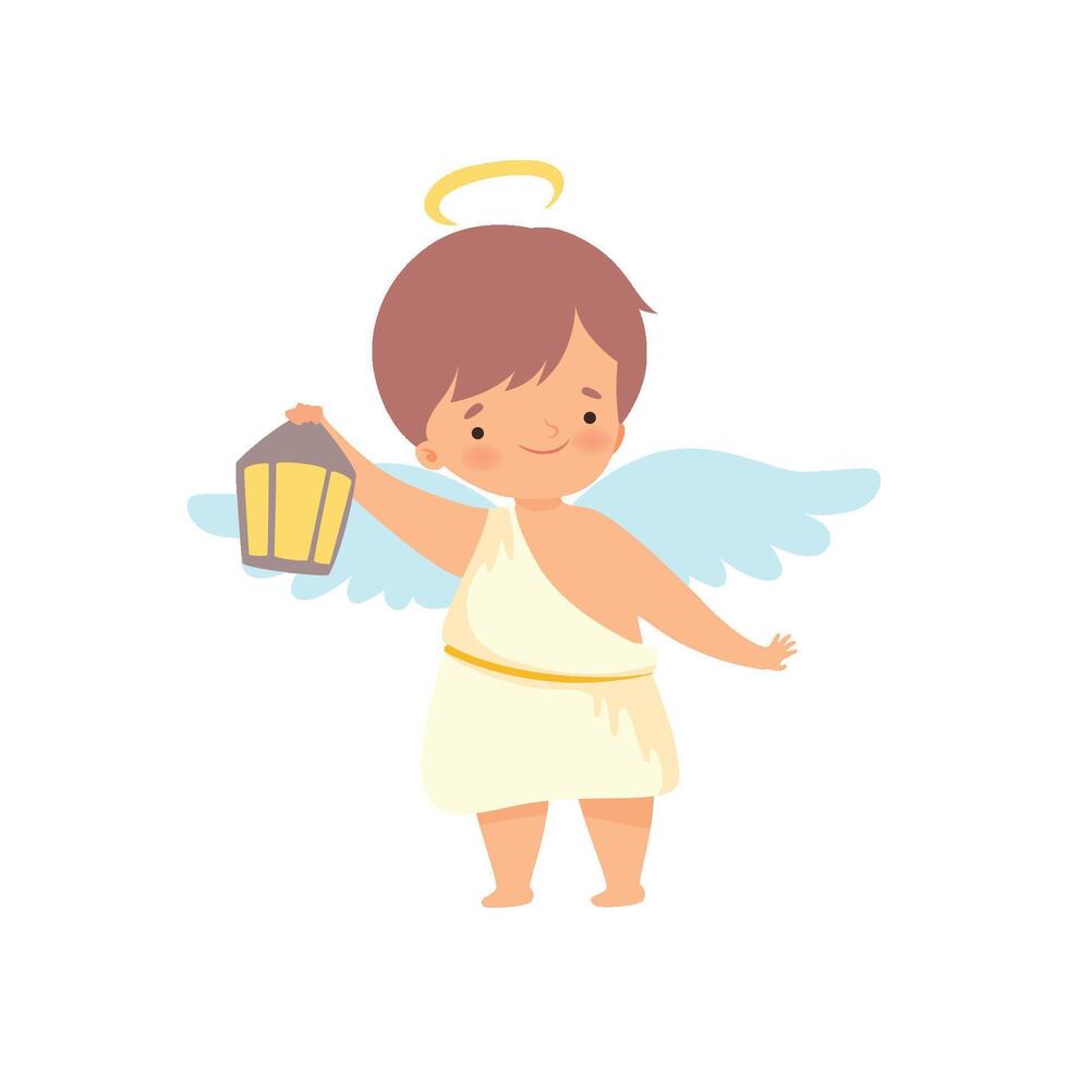 Cute Boy Angel with Nimbus and Wings Standing with Lantern, Lovely Baby Cartoon Character in Cupid or Cherub Costume Illustration vector