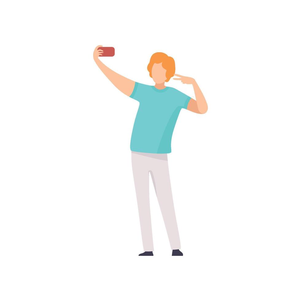 Young Man Taking Selfie Photo on Smartphone, Guy Showing Victory Sign and Making Photo or for Social Media Using Modern Gadget Illustration vector