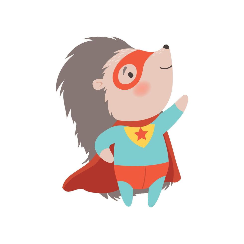 Cute Hedgehog Wearing Superhero Costume and Mask, Brave Prickly Animal Cartoon Character Illustration vector