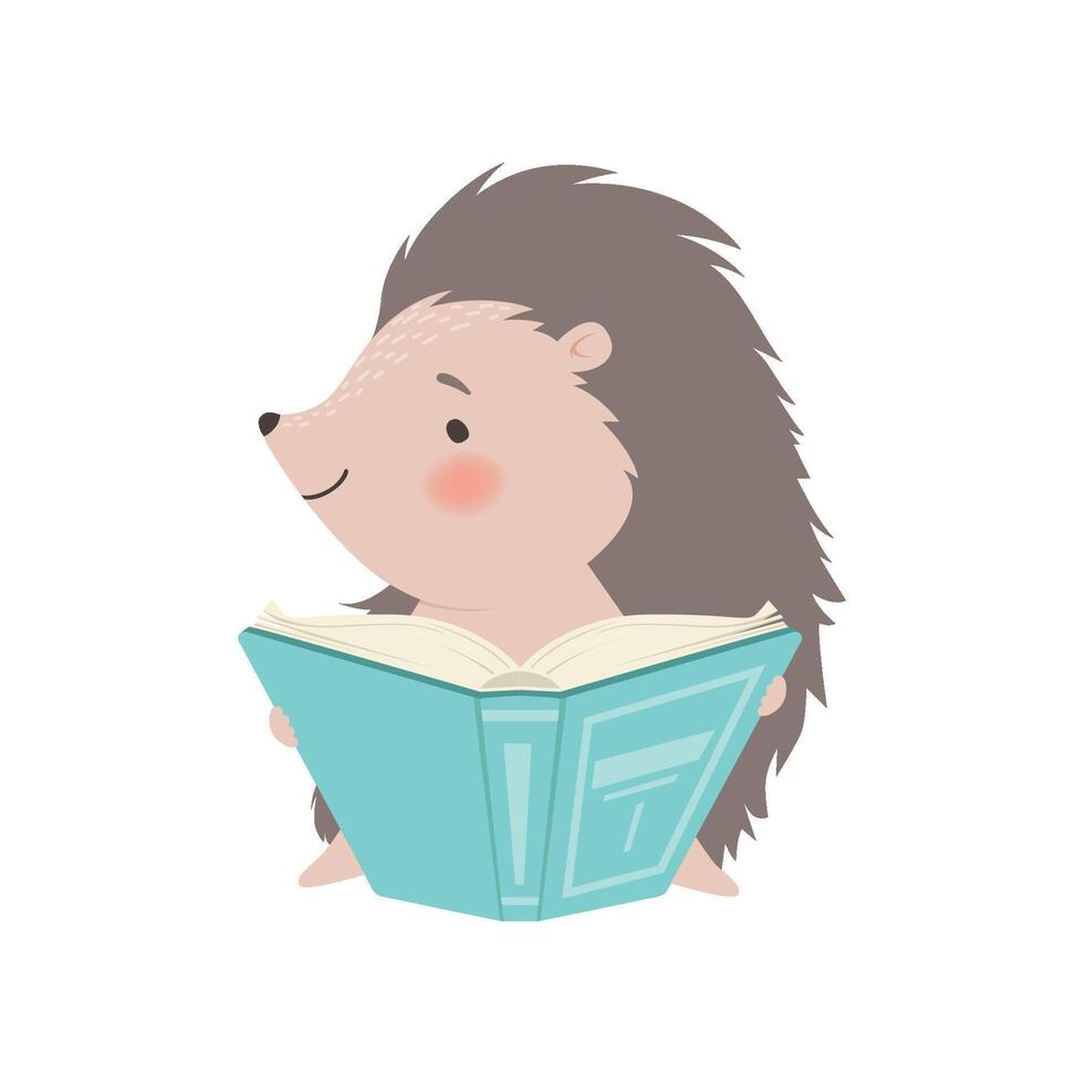 Cute Hedgehog Sitting and Reading Book, Adorable Prickly Animal Cartoon Character Illustration vector