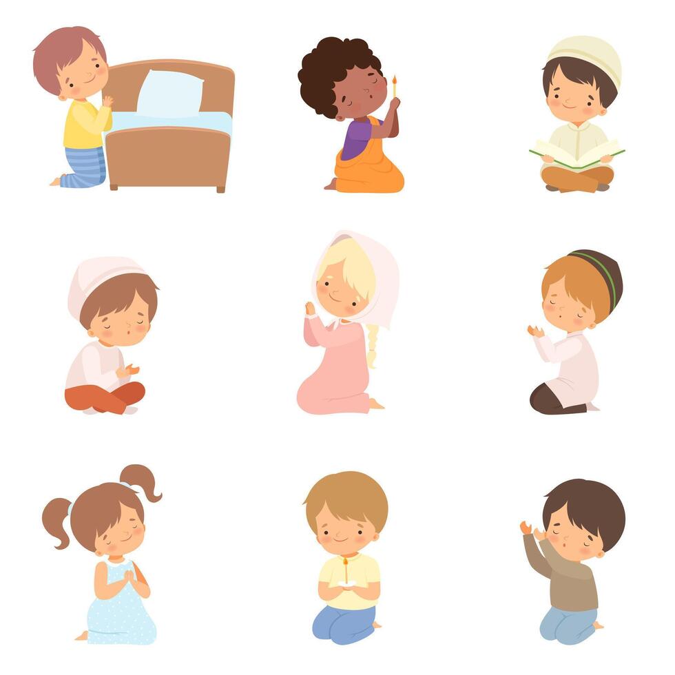 Cute Little Kids Characters Kneeling in Prayer Set Cartoon Illustration vector