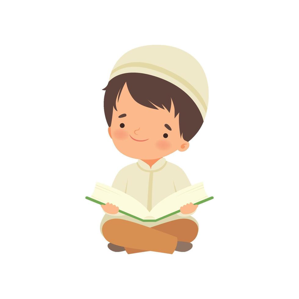 Muslim Boy Character Kneeling Down Praying and Reading Quran Cartoon Illustration vector
