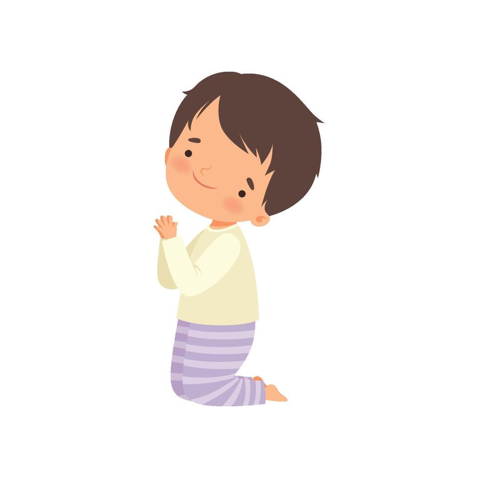 Little Boy Character Praying Standing on His Knees Cartoon Illustration vector