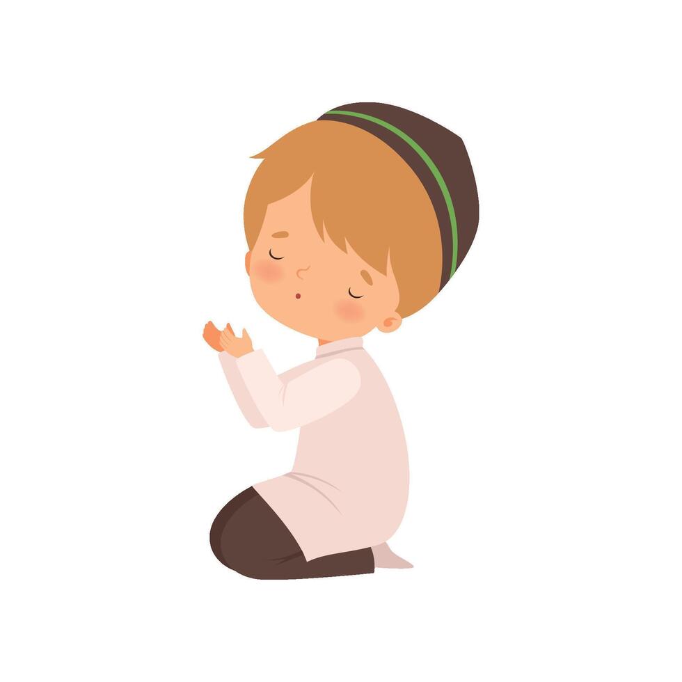 Cute Muslim Boy Character Kneeling and Praying Cartoon Illustration vector
