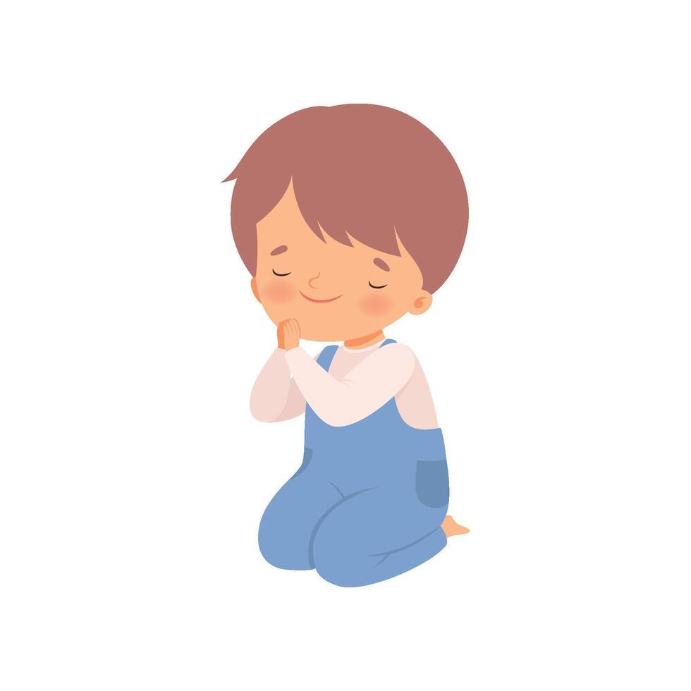 Cute Little Boy Character Praying Standing on His Knees Cartoon Illustration vector