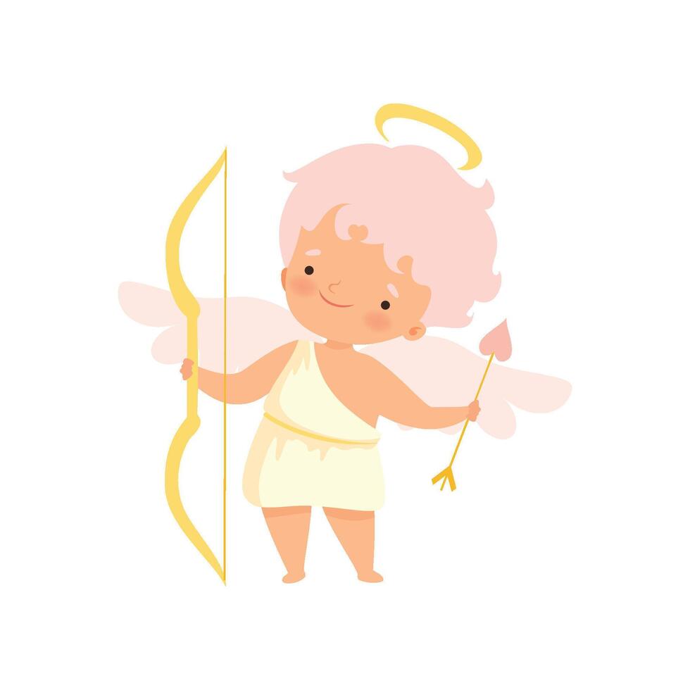Cute Boy Cupid with Nimbus and Wings with Bow and Arrow, Lovely Baby Cartoon Character in Angel or Cherub Costume Illustration vector
