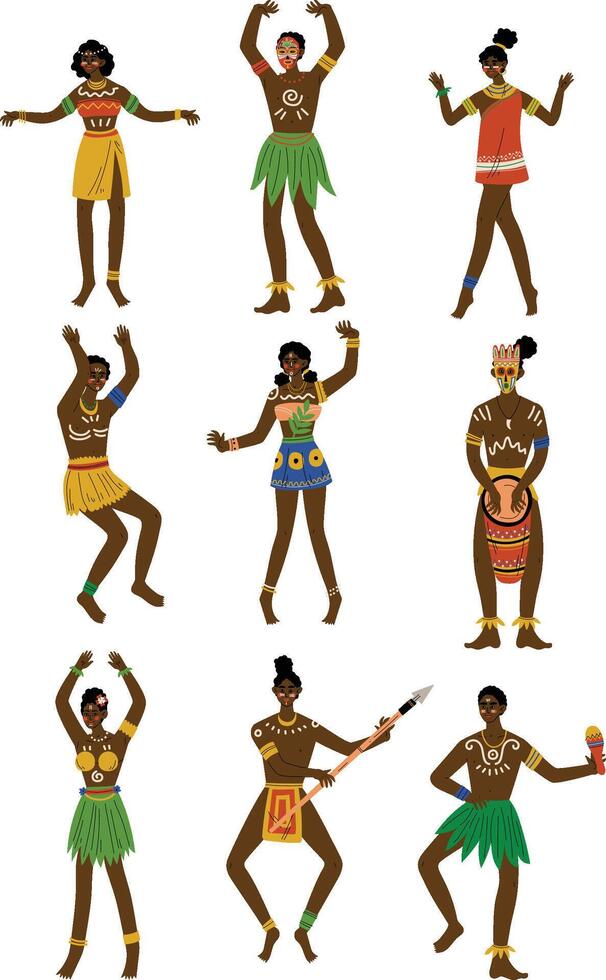 African People Set, Male and Female Aboriginal with Painted Faces Dressed in Bright Traditional Tribal Clothing and Ethnic Jewelry Illustration vector