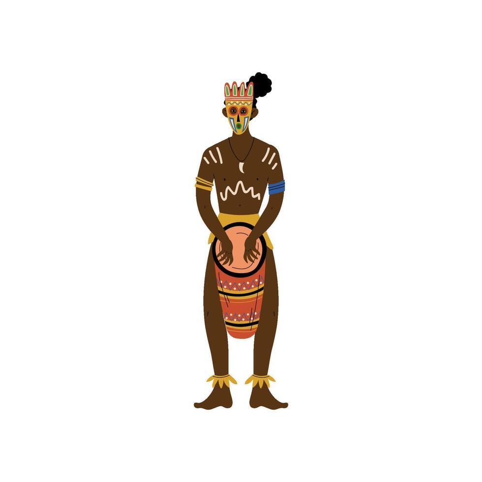 African Man Plating Drum, Male Aboriginal Dressed in Bright Traditional Ethnic Clothing with Painted Face Illustration vector