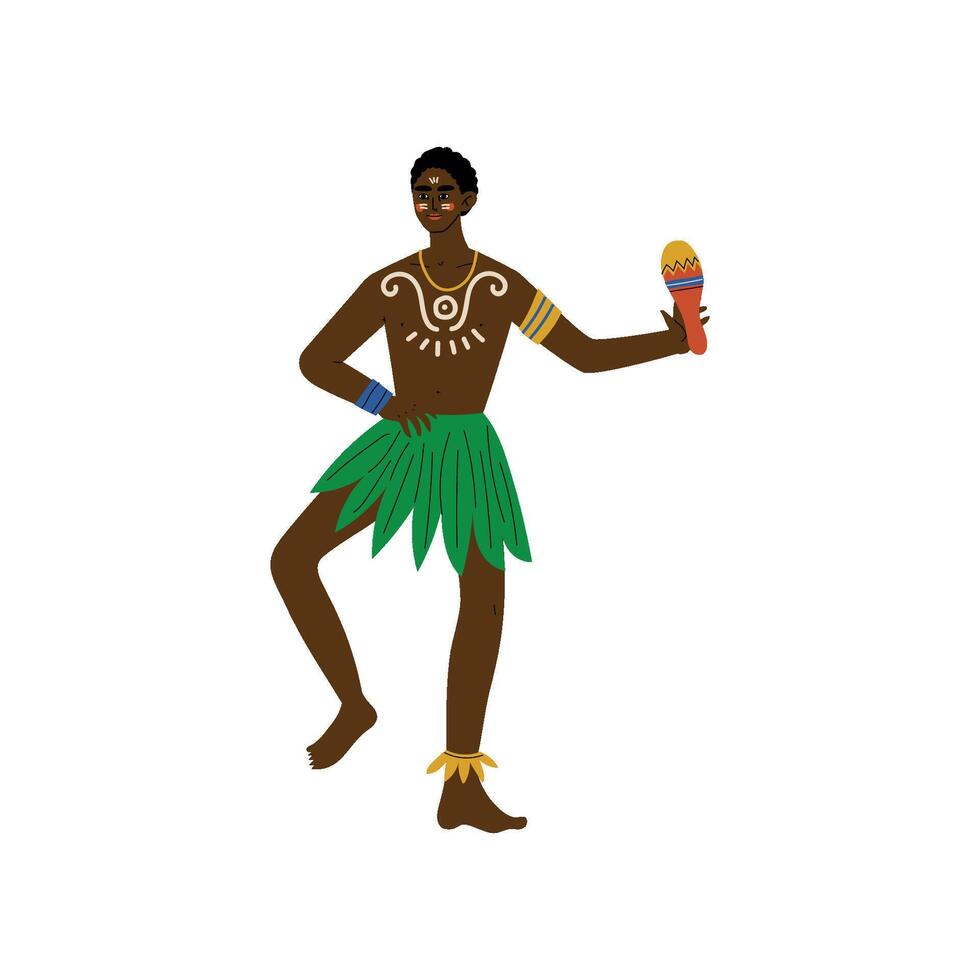African Man Dancing with Maraca, Male Aboriginal Dressed in Bright Traditional Tribal Ethnic Clothing Illustration vector