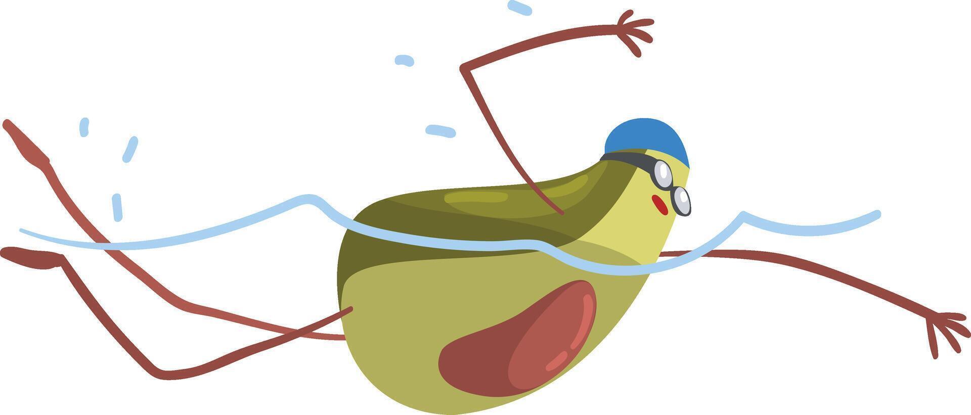 Avocado Swimmer Swimming in Pool, Funny Exotic Fruit Athlete Cartoon Character Doing Sports Illustration vector