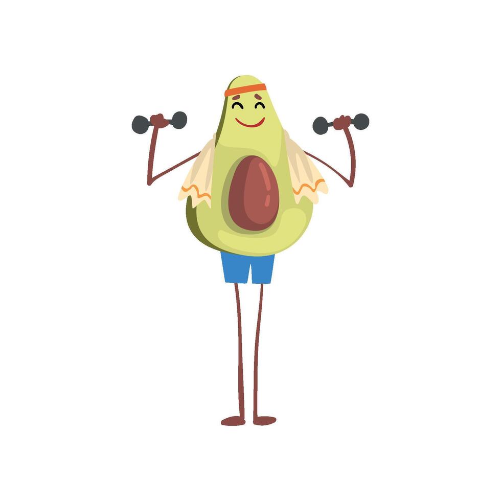 Avocado Exercising with Dumbbells, Funny Exotic Fruit Athlete Cartoon Character Doing Sports Illustration vector