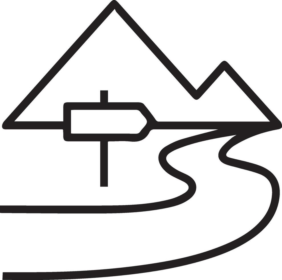 A black and white illustration of a mountain road with a sign pointing to it vector