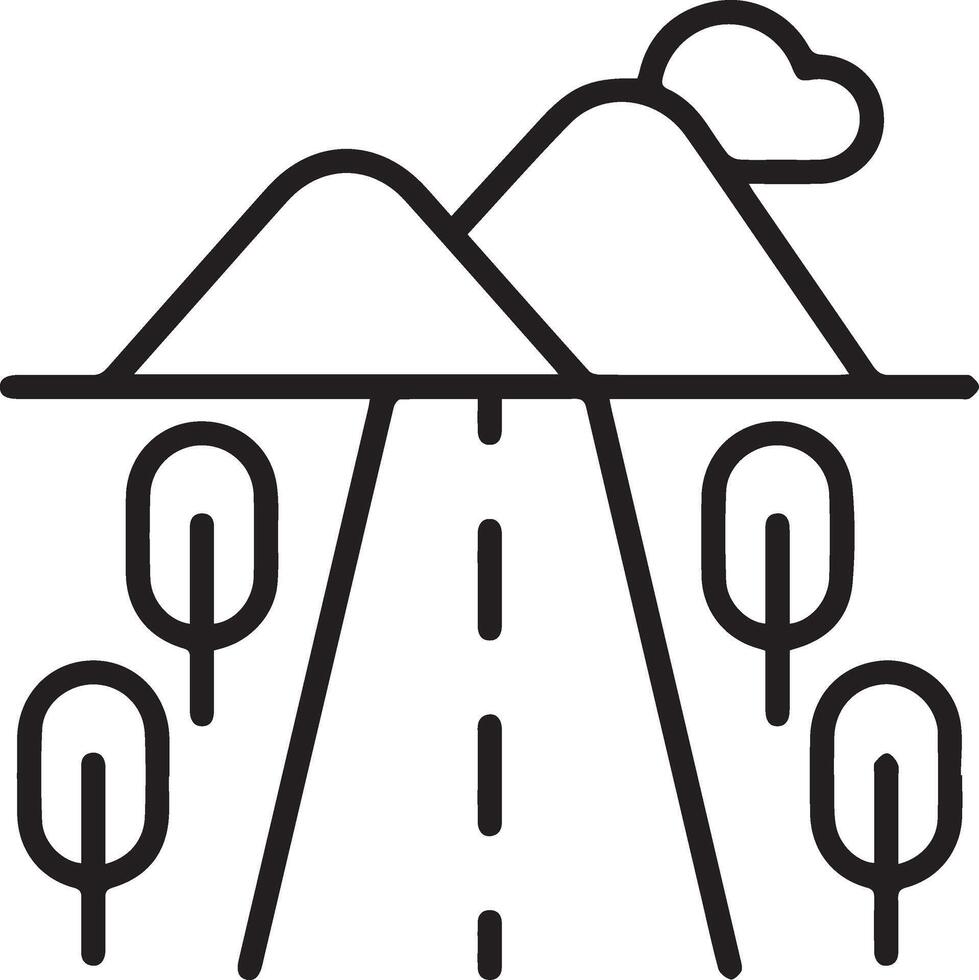 A line drawing of a road with trees and mountains vector