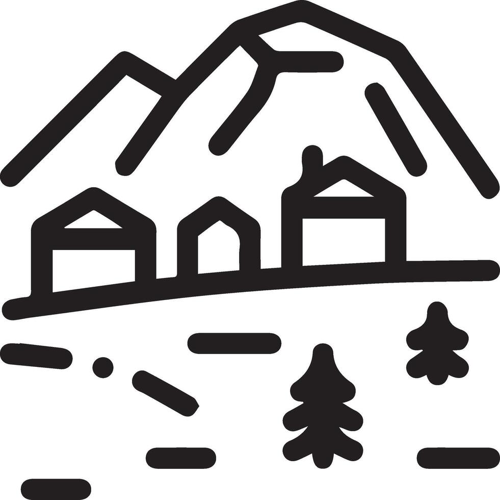 A black and white illustration of a mountain and houses vector