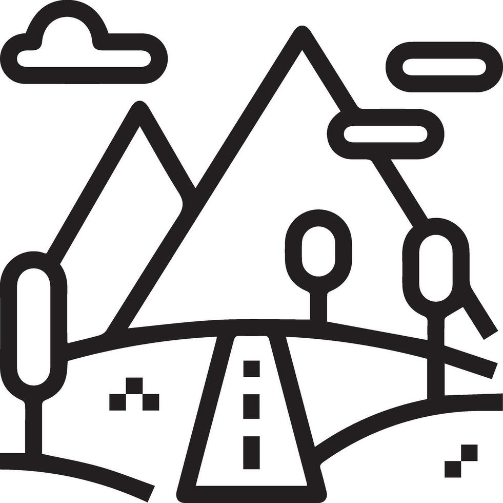 A black and white line drawing of a road and mountains vector