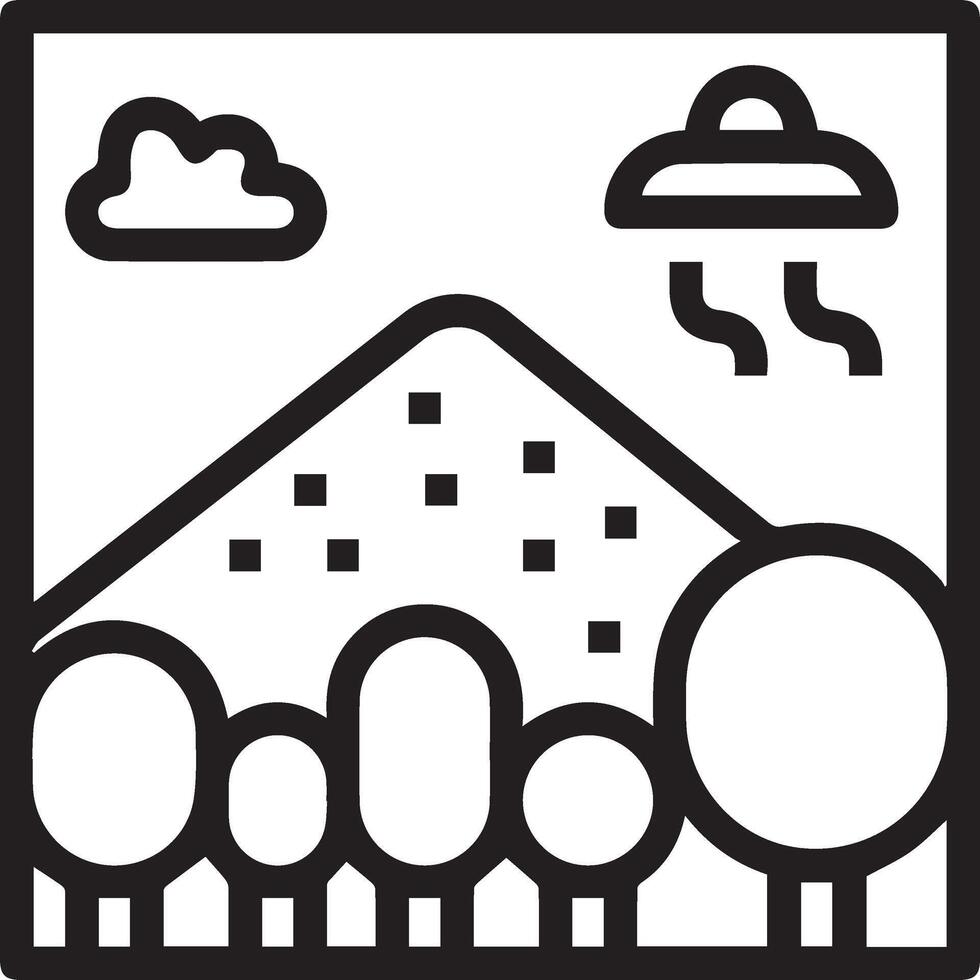 A black and white image of a mountain with trees and clouds vector