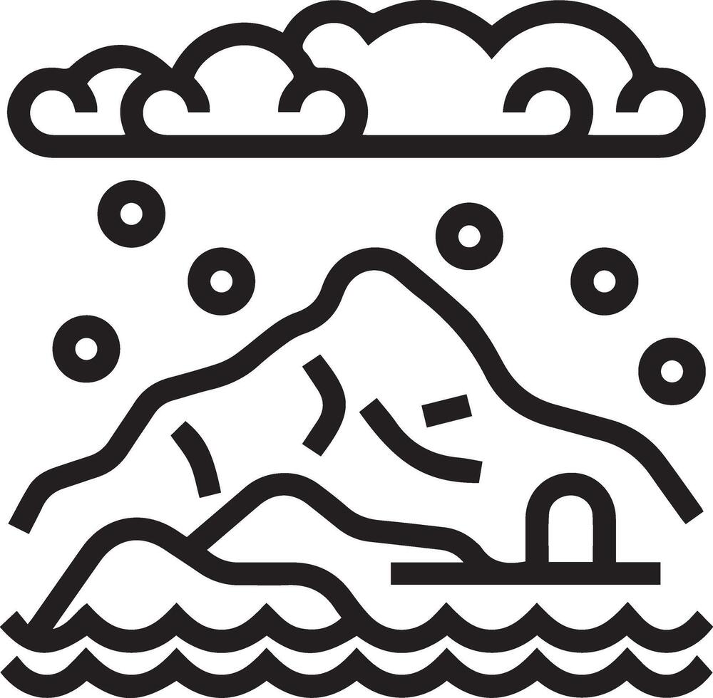 A black and white illustration of a mountain and water vector