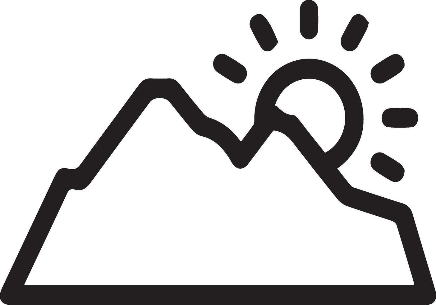A black and white mountain silhouette with the sun behind it vector