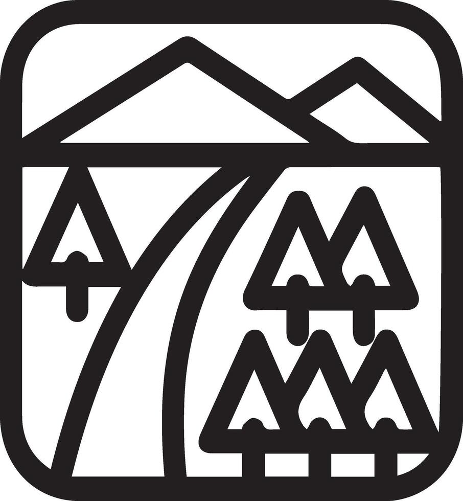 A black and white logo with mountains and trees vector