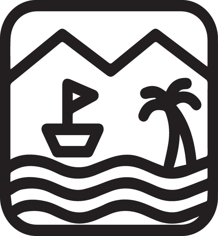 A black and white icon of a mountain with boat on the water vector