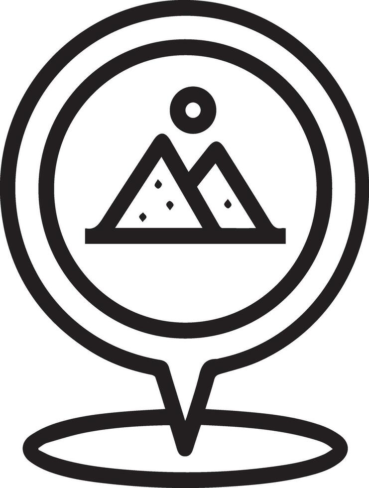 A black and white icon of a mountain with a pin on it vector