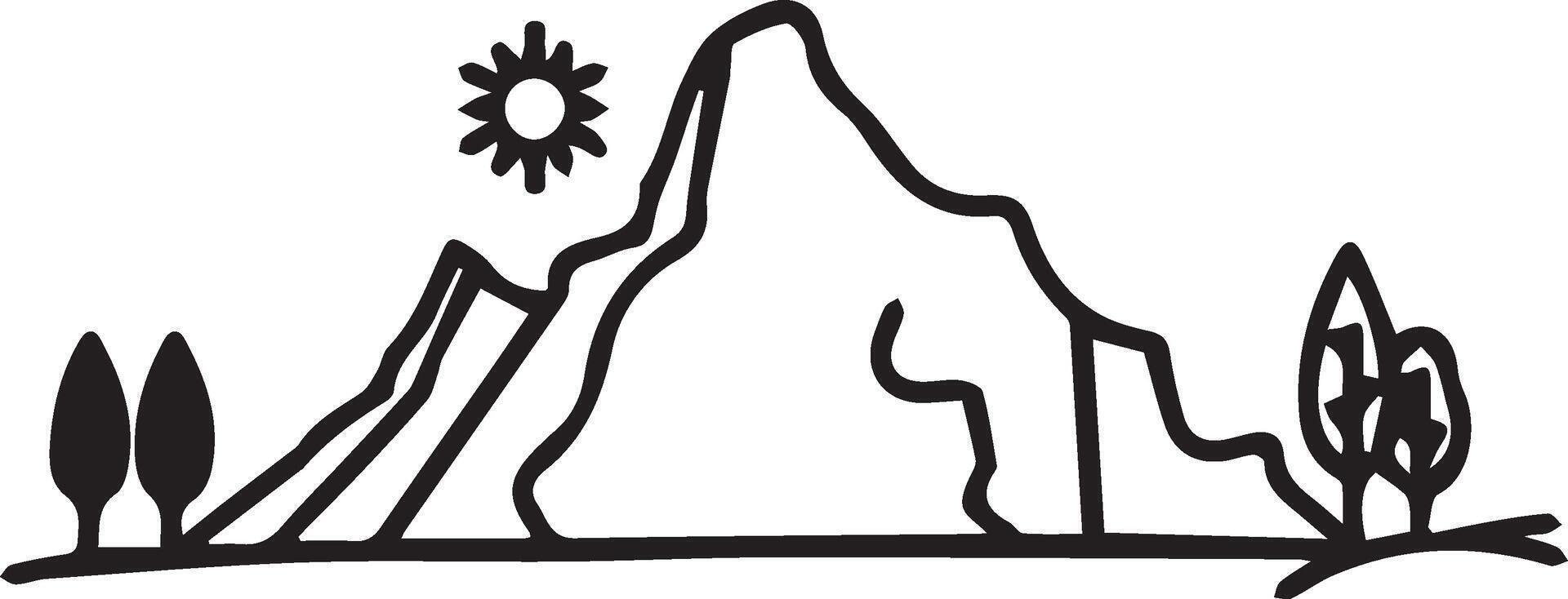 A black and white drawing of a mountain with trees and sun vector