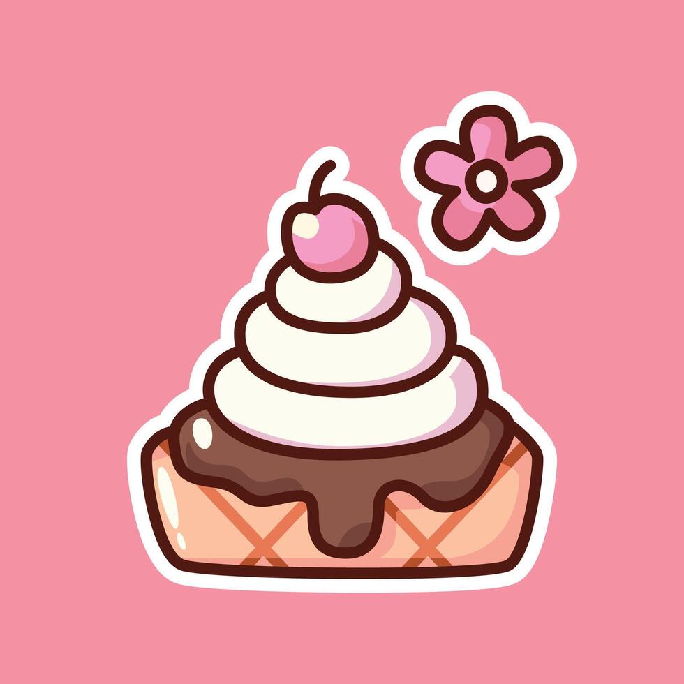 Kawaii Whipped Cream Dessert with Chocolate and Cherry on Pink Background vector