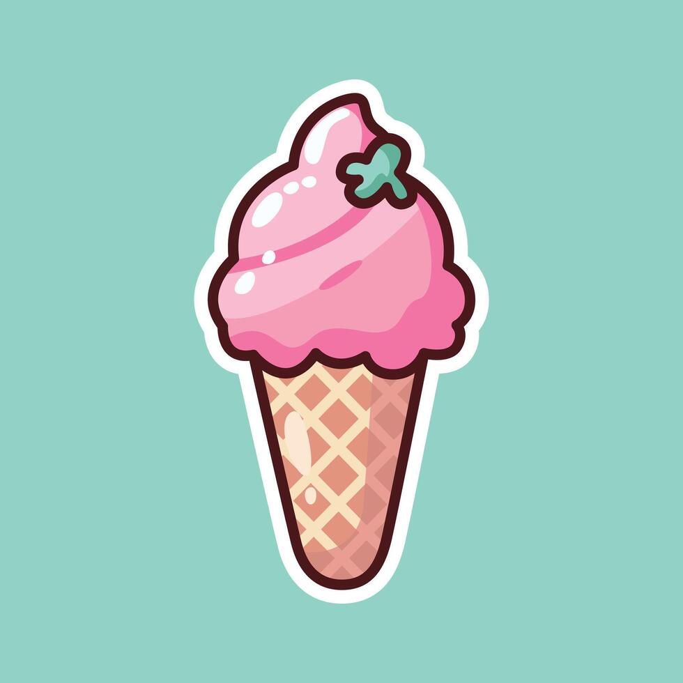 Pink Strawberry Ice Cream Cone with Leaf Detail vector