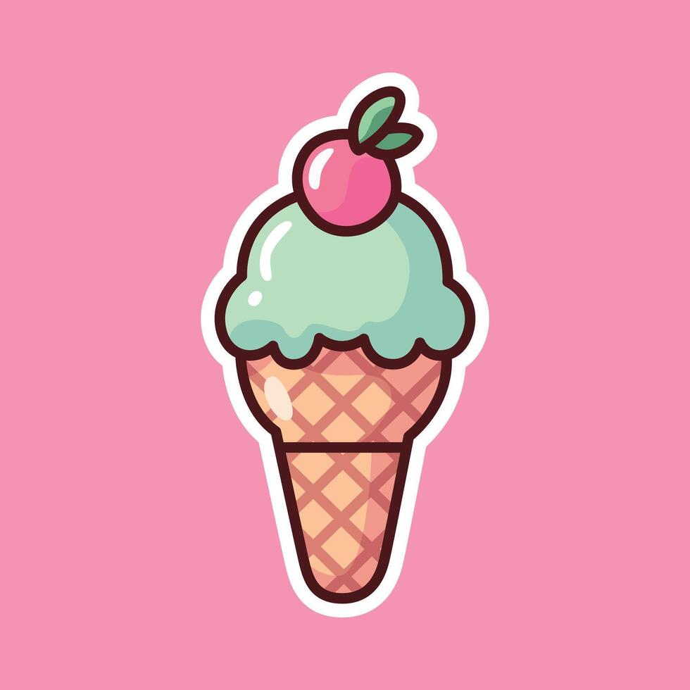 Mint and Cherry Ice Cream Cone with Whipped Cream vector