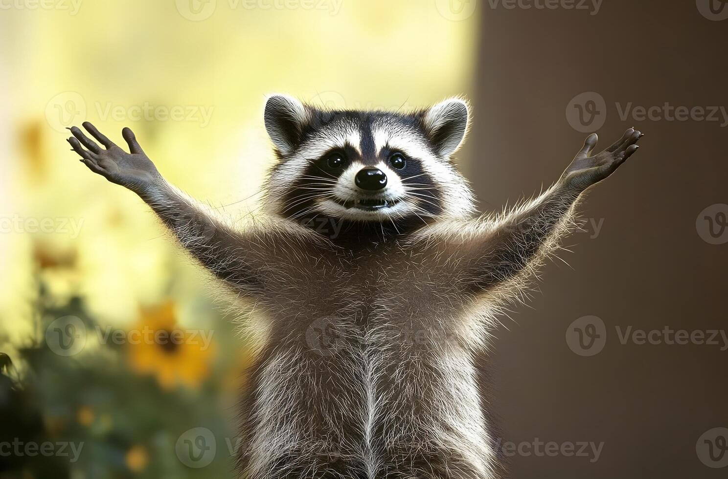 A raccoon with its paws up in a welcoming gesture photo