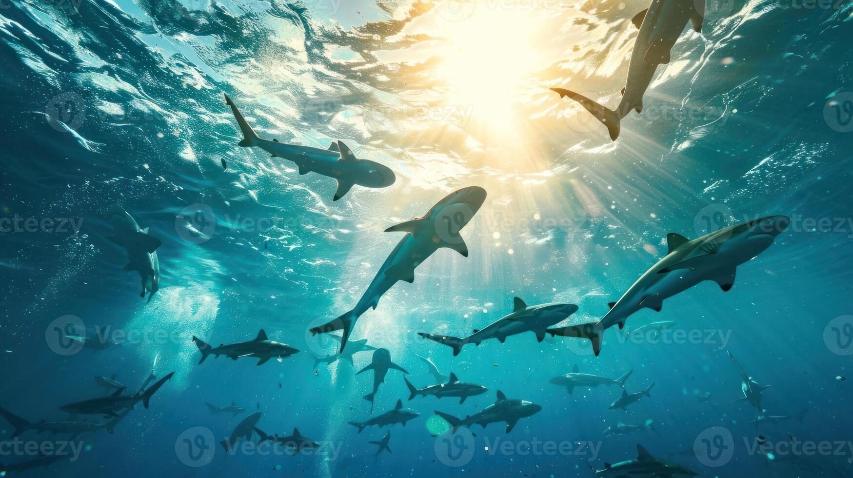 A school of sharks swimming in the ocean with the sun shining through the water photo