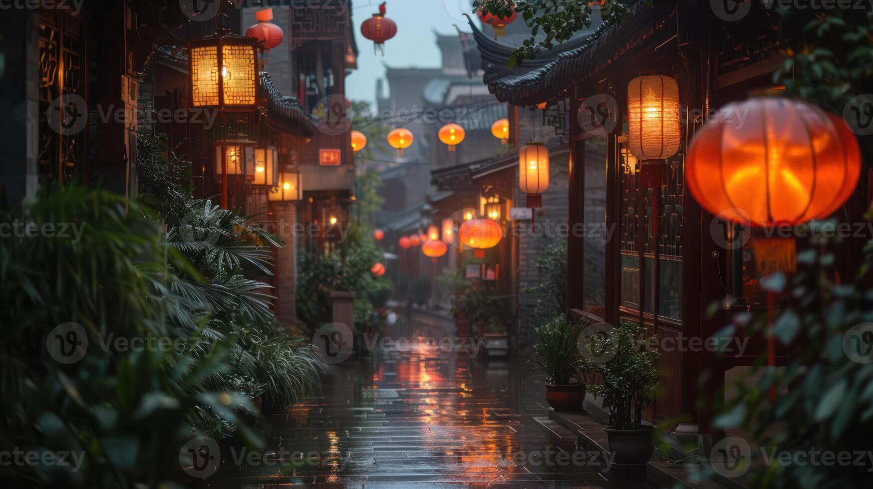 A wet, narrow alley in a Chinese town illuminated by glowing lanterns photo