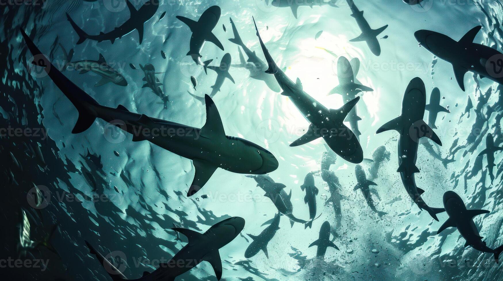 A school of blacktip reef sharks swimming in a blue ocean. photo