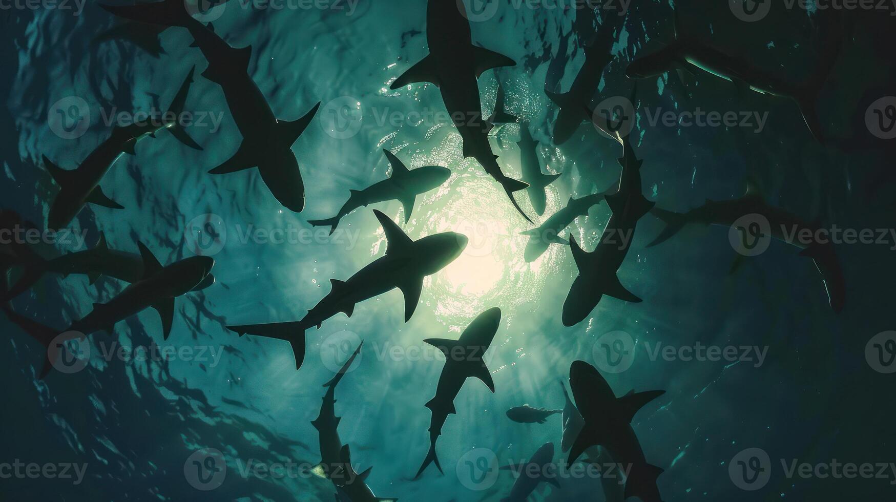 A school of sharks swimming in a circle around sunlight photo