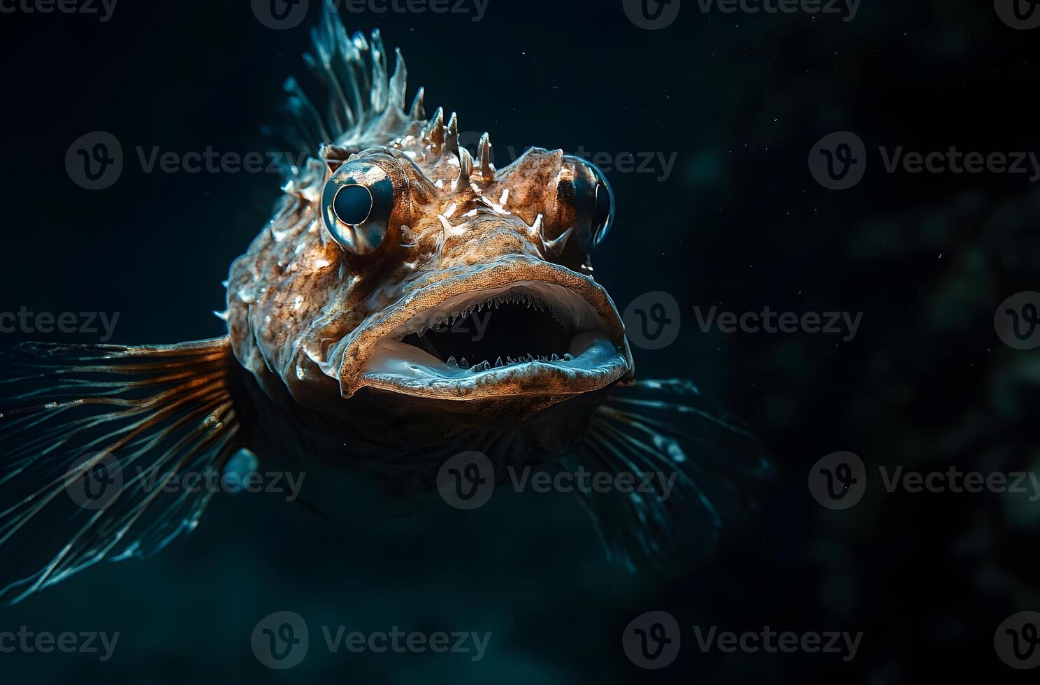 Close-up of a Spiny, Brown Fish with an Open Mouth Underwater photo