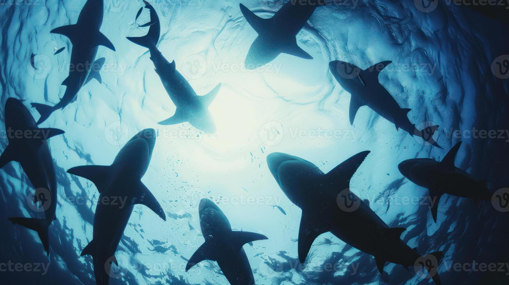 A school of sharks silhouetted against a blue and white sky photo