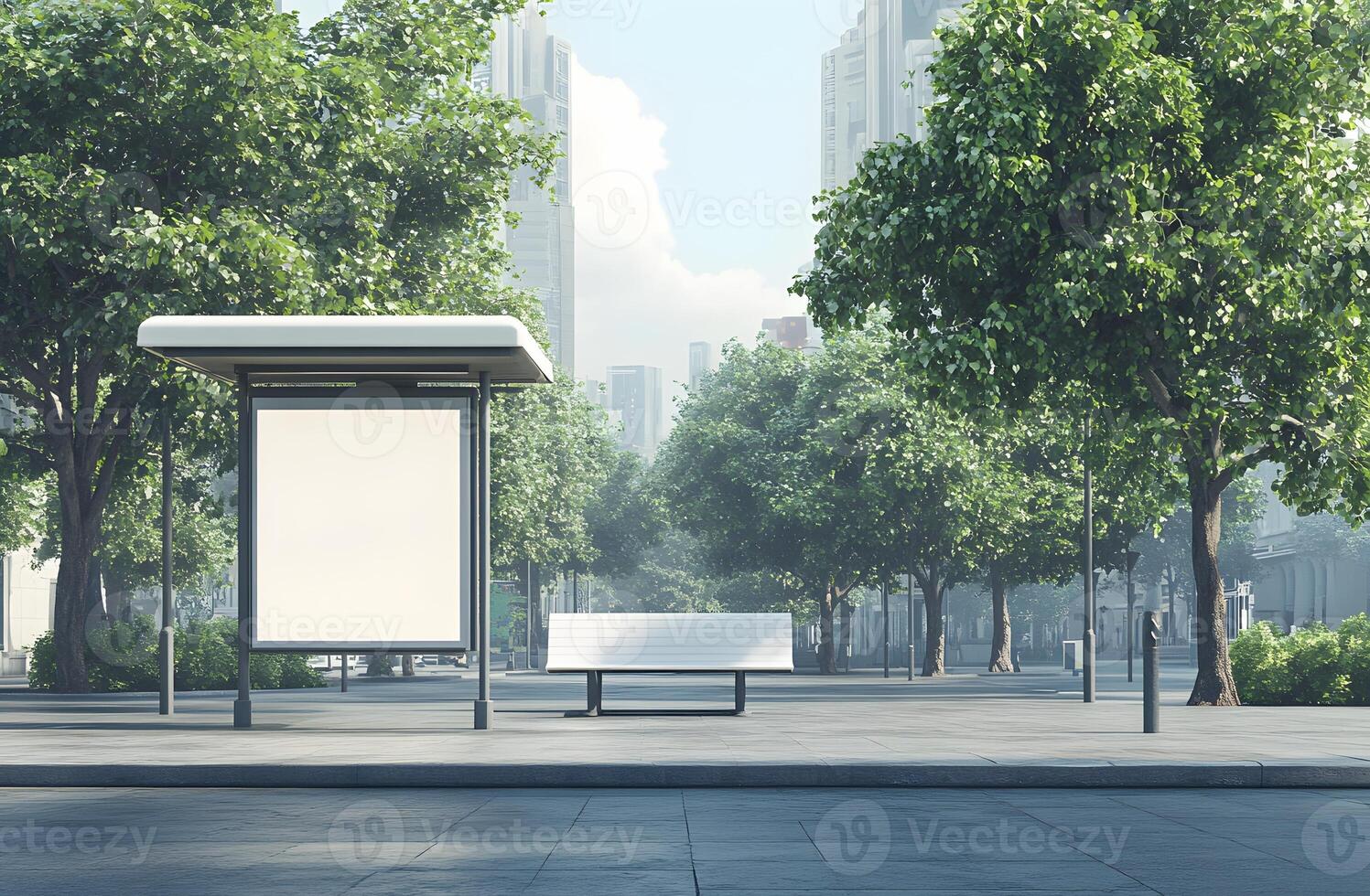 Blank Billboard in a City Park with a Bench photo