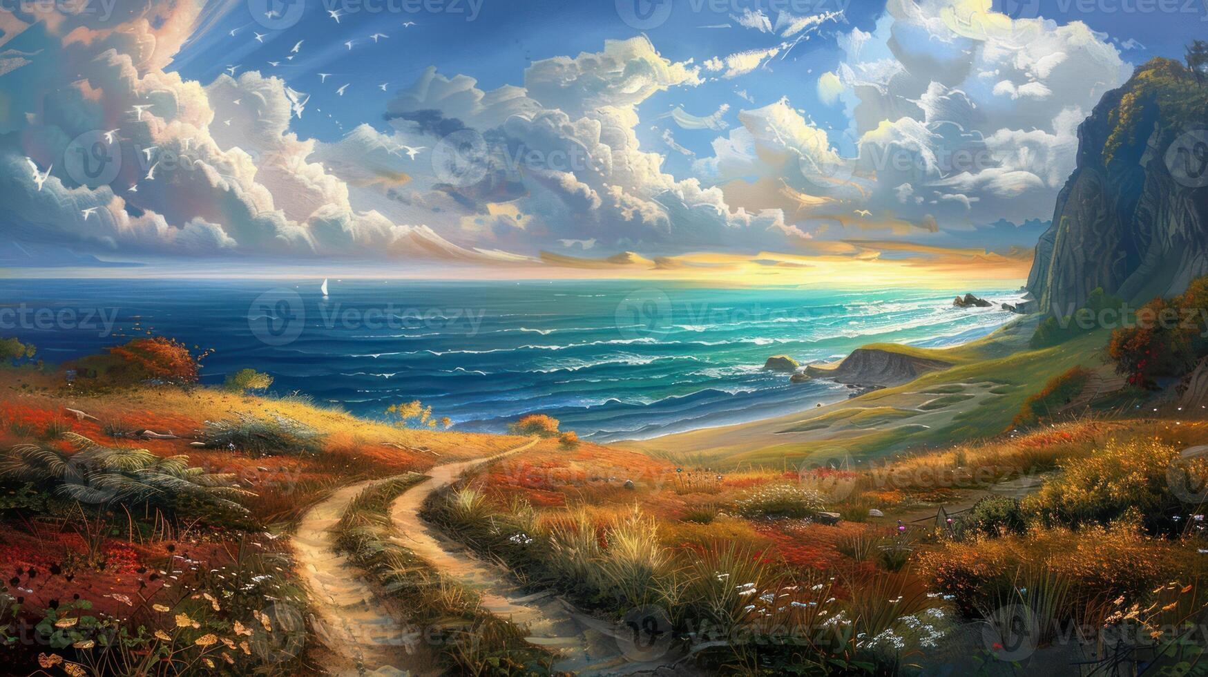 A Winding Path Leading to the Ocean with a Dramatic Sky photo