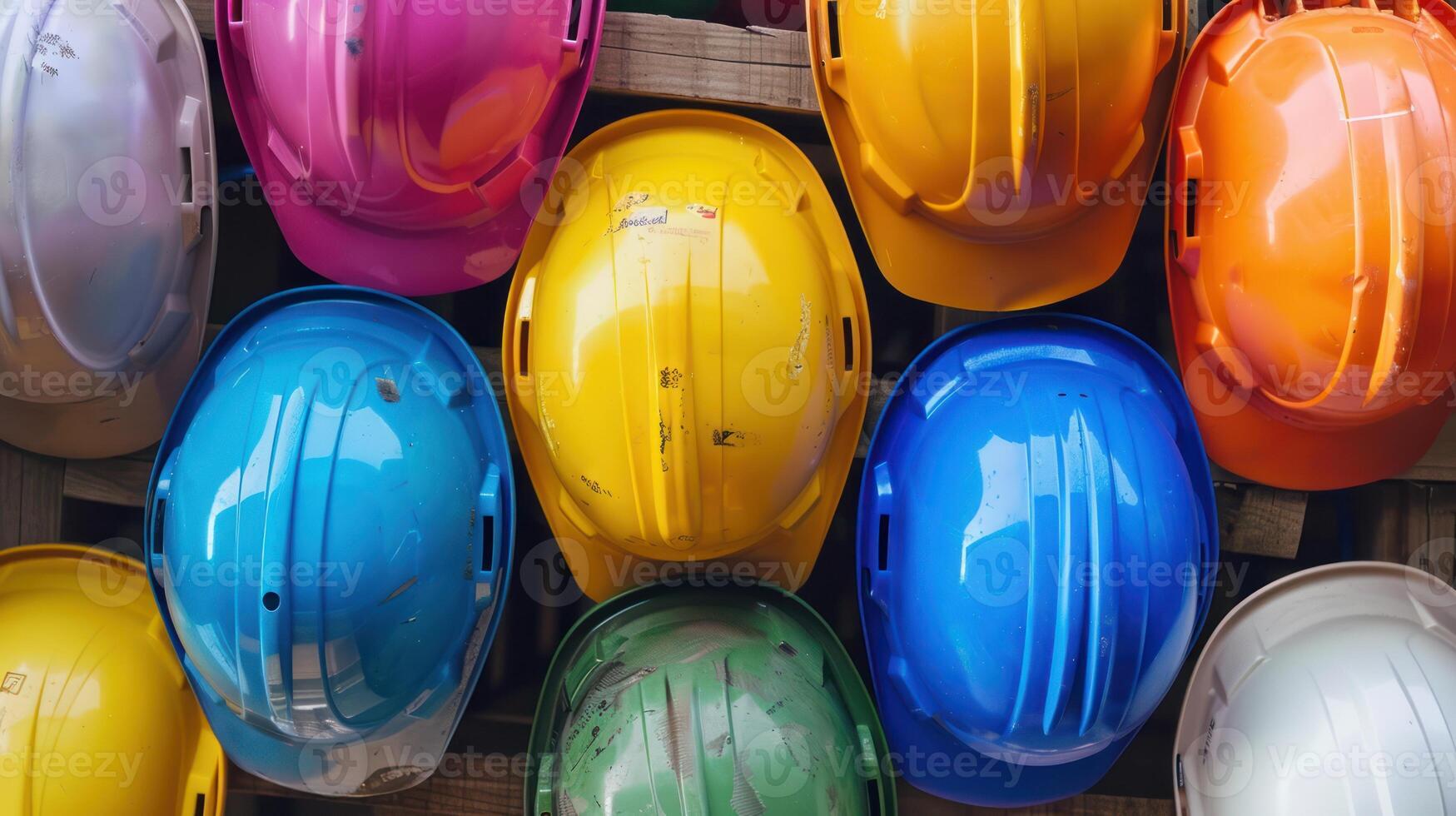 Colorful Hard Hats Arranged in a Row photo