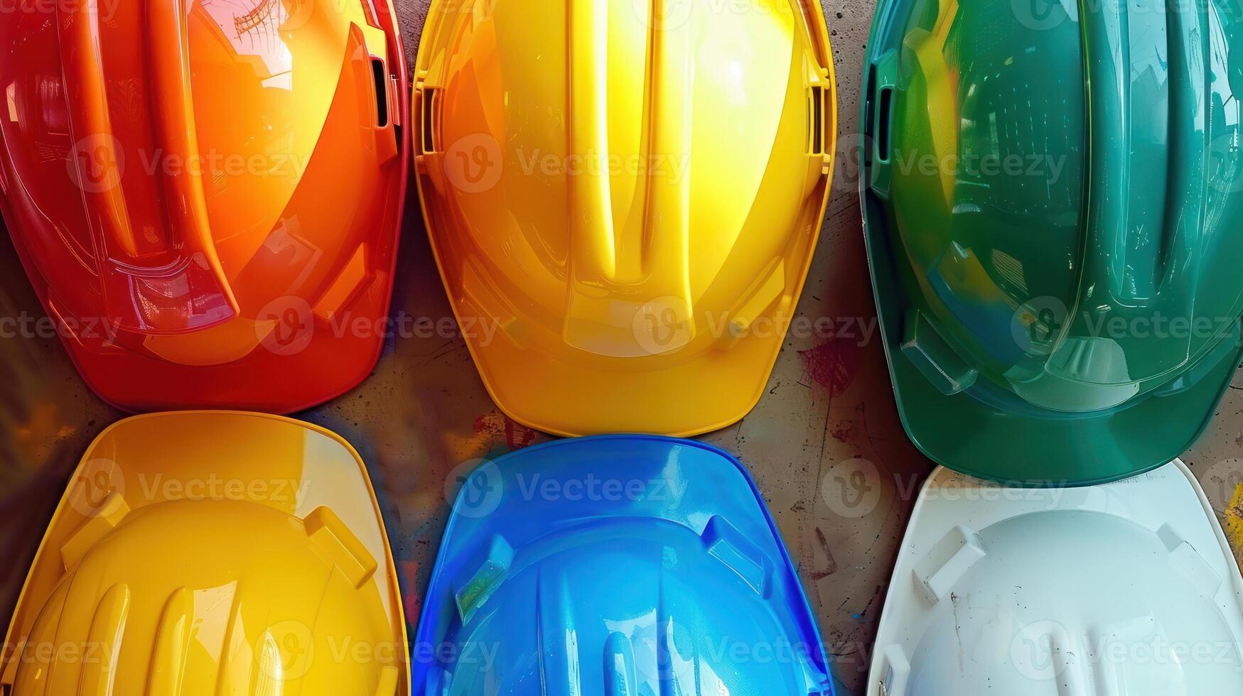 Colorful Hard Hats Arranged in a Row photo