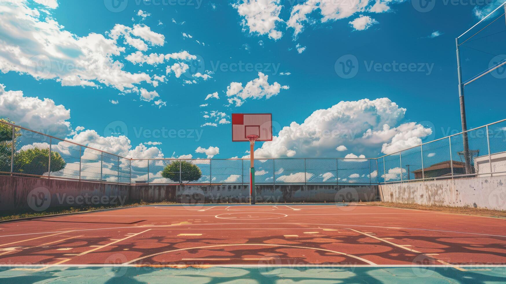 Basketball hoop on a red court with a blue sky and white clouds photo