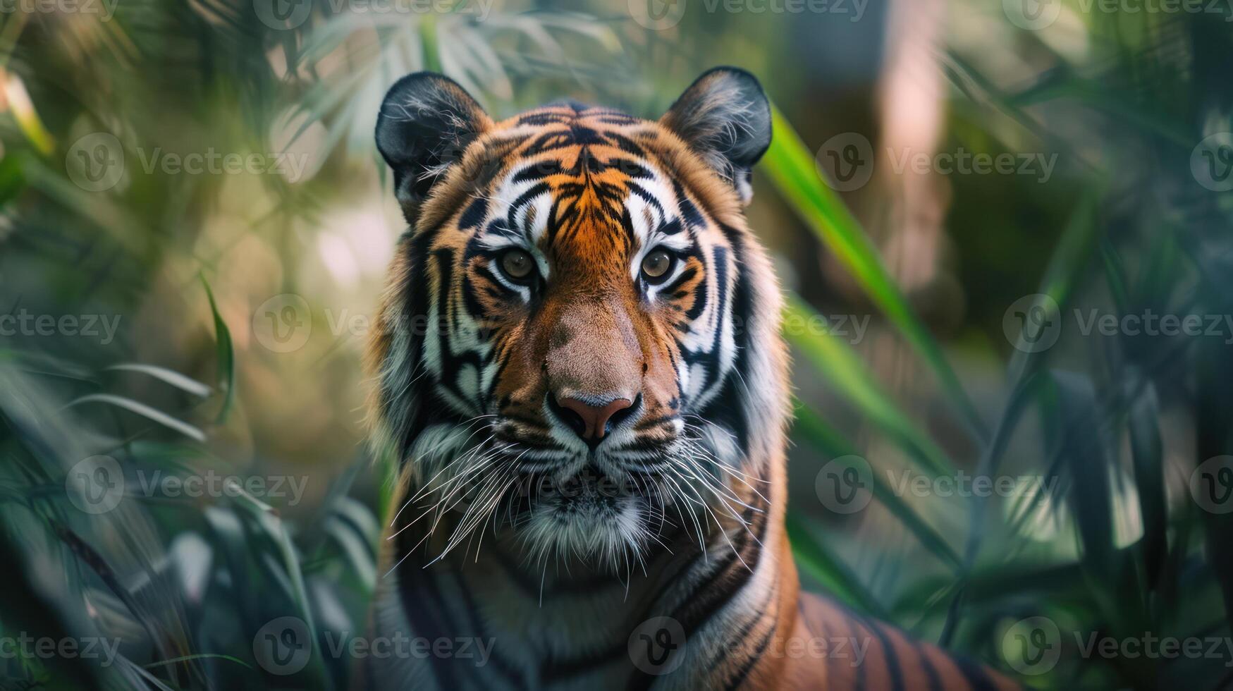 Close-up of a Tiger's Face in Lush Green Foliage photo