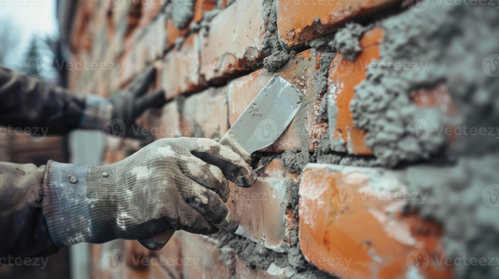 Close-up of a Worker's Hand Using a Trowel to Spread Mortar Between Bricks photo