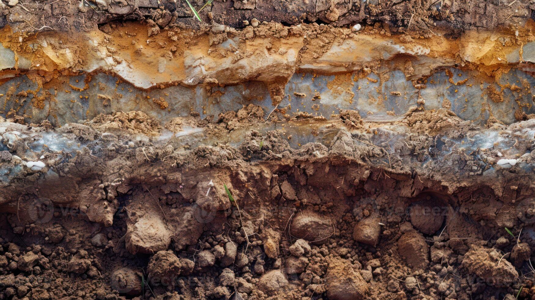Close-up of layered soil with visible rock and mineral deposits photo