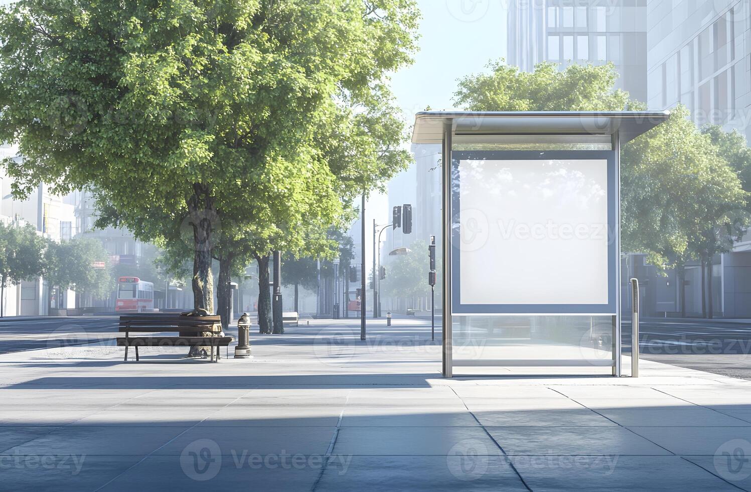 Modern Bus Stop with Blank Billboard and Bench in a City Setting photo