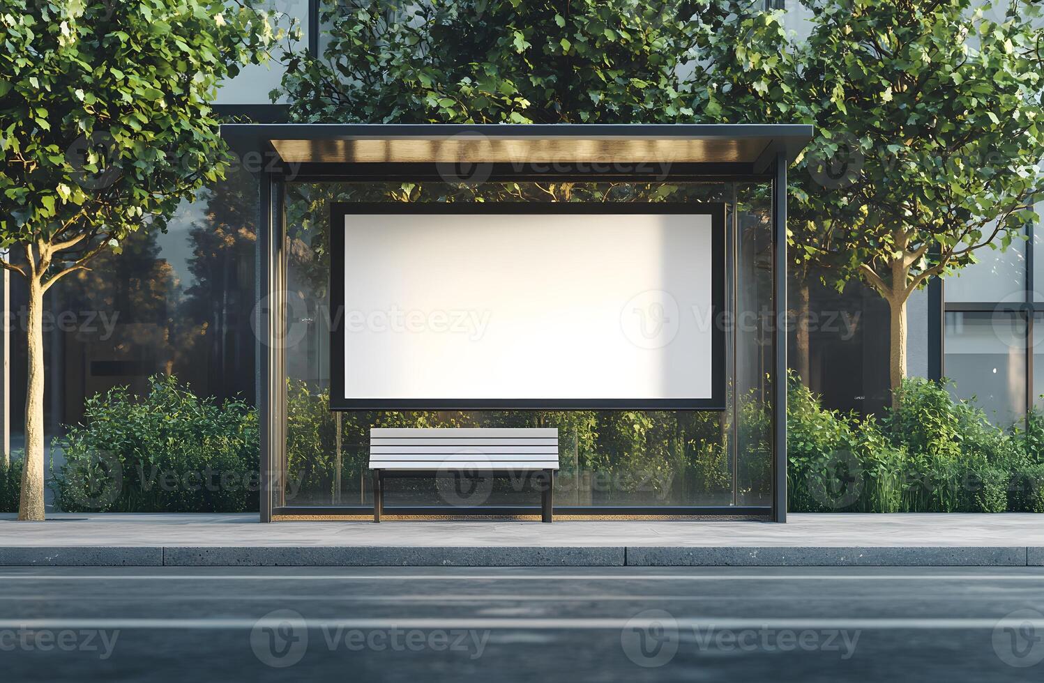 Modern Bus Stop with Blank Billboard and Bench photo
