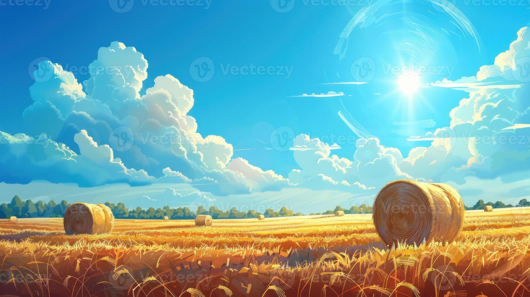 Hay Bales in a Golden Field Under a Bright Blue Sky photo
